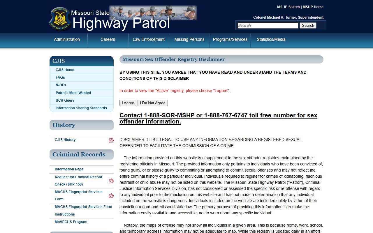 Scott County court charges and MSHP registry disclaimer page